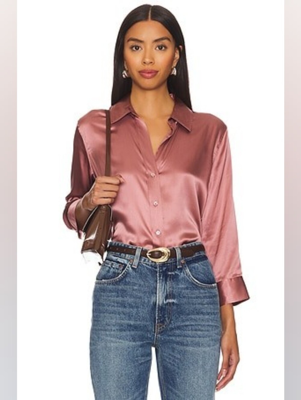 L'agence Dani 3/4 Sleeve Blouse in Mauve Rose XL 100% Silk Button Up Champagne